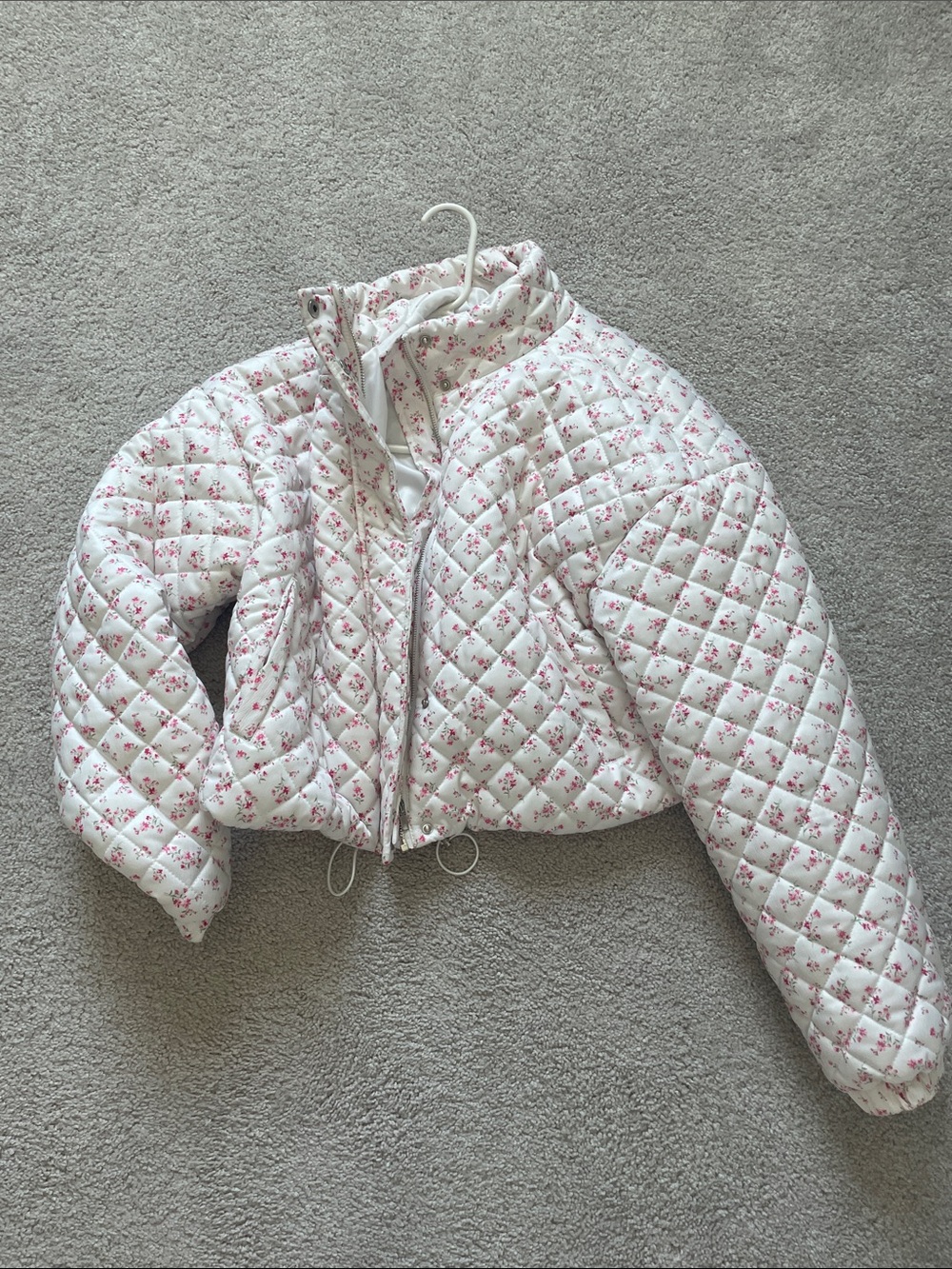 Shein White Quilted Floral Puffer Jacket - Pink Floral Print